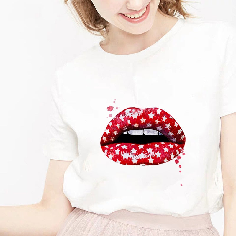 Camiseta Female T-shirt Lip Lipstick Tops Tee Women's Summer T Shirt Shirt