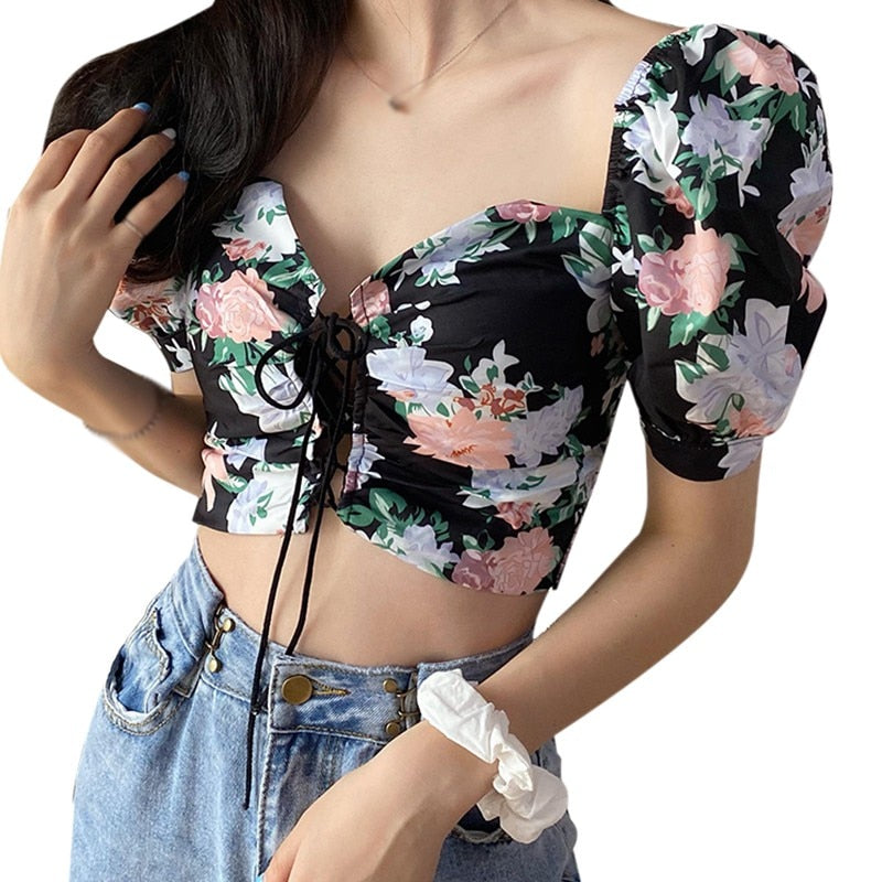 Ins Fashion Women Floral Print  Drawstring Blouses Shirt Women Short Sleeve French Vintage Bandage Lace Tops Female Blusas