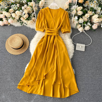 Women's Summer Midi Dress Sweet Elegant Woman V Neck Puff Sleeve Sundress