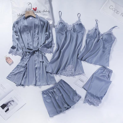 5pcs V-Neck Nightwear Pajamas Sets Bride Wedding Nightwear Sexy Womens Lace Sleepwear Sleep Suit Spring Casual Satin Pijamas