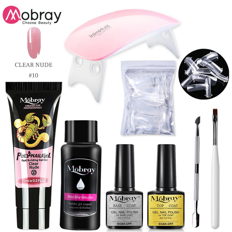 Mobray Poy UV Gel With UV LED Lamp Manicure Set Poly Nail Gel Polish Kit Nail Art Tools For Manicure Need Base Top Coat Nail Kit