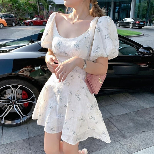 Summer Elegant Dress Women Puff Sleeve French Floral Print Mini Dress Office Lady Korean Japan Style Kawaii Dress Women 2020