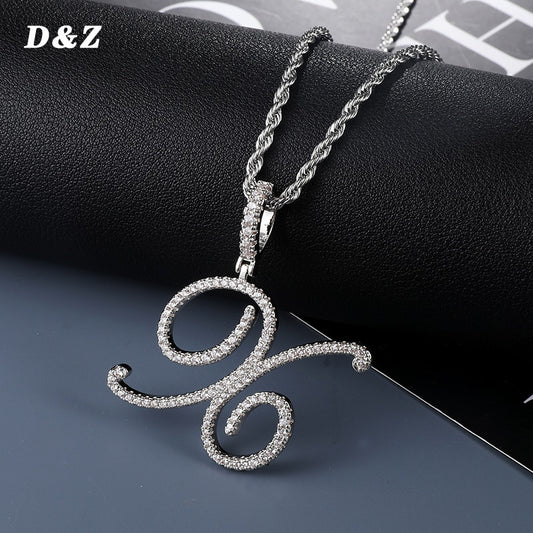 D&Z New A-Z Cursive Letters Name Pendant &Necklace Iced Out Cubic Zircon Gold Silver Color Charm Hip Hop Jewelry