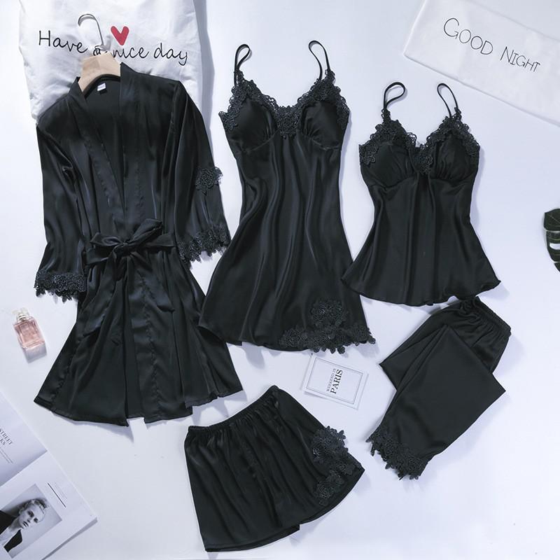 5pcs V-Neck Nightwear Pajamas Sets Bride Wedding Nightwear Sexy Womens Lace Sleepwear Sleep Suit Spring Casual Satin Pijamas