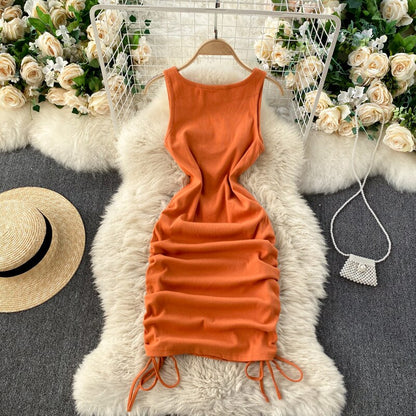 Foamlina Casual Summer Women Dress Solid O-neck Sleeveless Drawstring Ruched Mini Bodycon Dress Casual Streetwear Rib Knit Dress