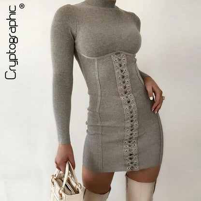 Cryptographic Long Sleeve Lace Up Mini Dresses Knitting Club Party Dress Elegant Bodycon Dress Autumn Mock Neck Dress Casual