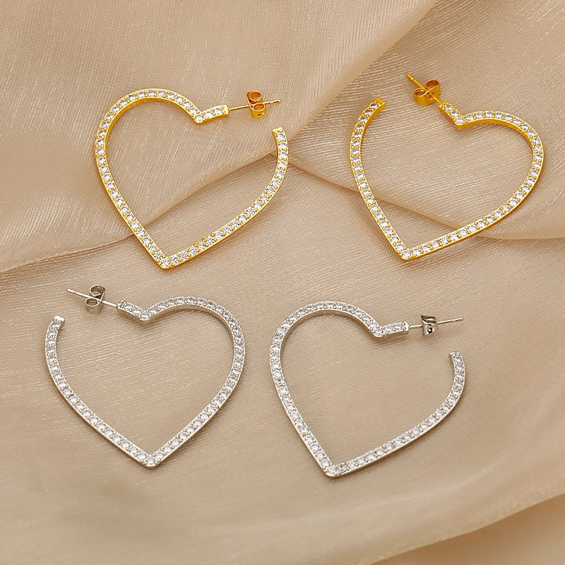 Bling Heart Hoop Earrings For Women Stainless Steel Cubic Zircon Female Large Heart Earring Party Jewelry Accessories Gift