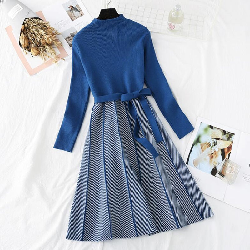 Autumn Winter Women Knitted Dress 2020 New Korean Long Sleeve Half turtleneck A Line Sweater Dress Elegant Ladies Bandage Dress