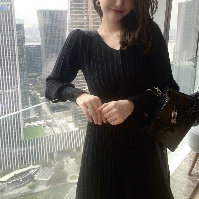 Knitted Dress Women Casual Long Sleeve Vintage Elegant Office Sweater Dress Female 2021 Autumn One Piece Dress Korean Outerwear