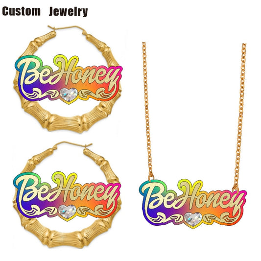 BeHoney Fashion Simple Personality Acrylic Custom Name bamboo Earrings Cartoons rainbow Name Necklace  Jewelry Christmas Gift C4