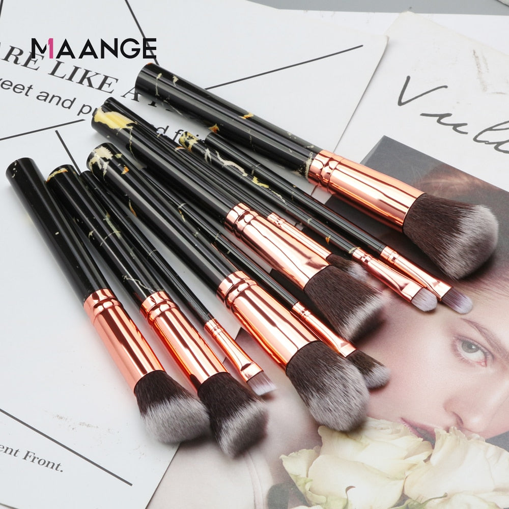 MAANGE 10Pcs Professional Makeup Brush Set Tools Powder Foundation Eyeshadow Lip Eyeliner Blush Marble Face Makeup Brushes