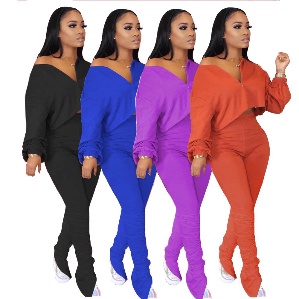 Fashion Stacked Joggers Set Pleated Crop Top + Long Pants Leggings Suit Solid Color Outfit Tracksuit Clothes For Women