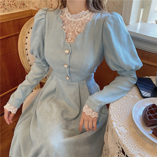 Solid Elegant Dress Women Winter Patchwork Lace Party Midi Dress Female Casual French Style Sweet Kawaii Korean Dress Women 2022