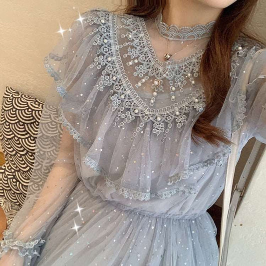 2021 Brand New Women Romantic Tulle Dress Stand Collar Beading Tassels Ruffles Long Sleeve Mesh Dress Cute Mid Dress Vestidos