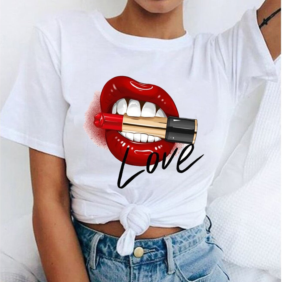 Camiseta Female T-shirt Lip Lipstick Tops Tee Women's Summer T Shirt Shirt