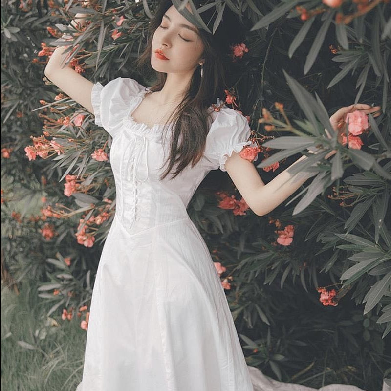 Elegant Fairy Dress Women White French Puff Sleeve Chiffon Dress Korean Japan Style Sweet Vintage Retro Summer Dress 2020