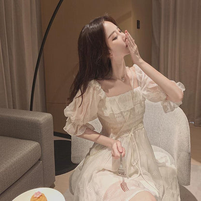 French Summer Dress Women White Puff Sleeve Korean Style Fairy Dress Lace Chiffon Japan Style Kawaii Elegant Vintage Dress 2021