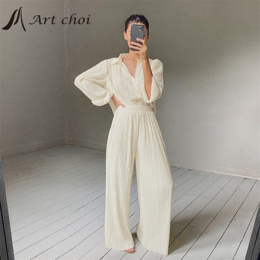 Spring Summer Two Piece Set Tracksuit Casual Outfit Suits Women Beige Shirt Long Blouse Tops Pleated Wide Leg Pants 2 Piece Sets