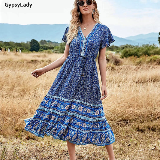 GypsyLady Blue Floral Print Vintage Midi Dress Casual Boho Summer Dress Ruffles V-neck Sexy Ladies Holiday Female Dress 2021