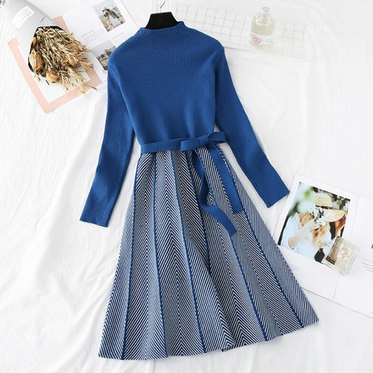 Autumn Winter Women Knitted Dress 2020 New Korean Long Sleeve Half turtleneck A Line Sweater Dress Elegant Ladies Bandage Dress