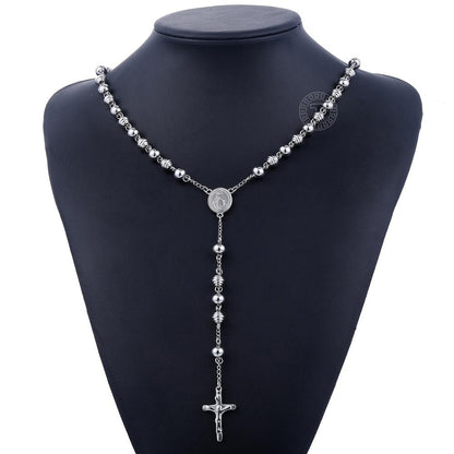 Davieslee Womens Men's Necklace Stainless Steel Chain Bead Rosary Long Necklace Jesus Christ Cross Prayer Jewelry DLKN434