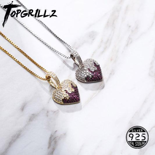 TOPGRILLZ 925 Sterling Silver Pendant Iced Cubic Zirconia Heart Pendant Hip Hop Fashion Jewelry For Women