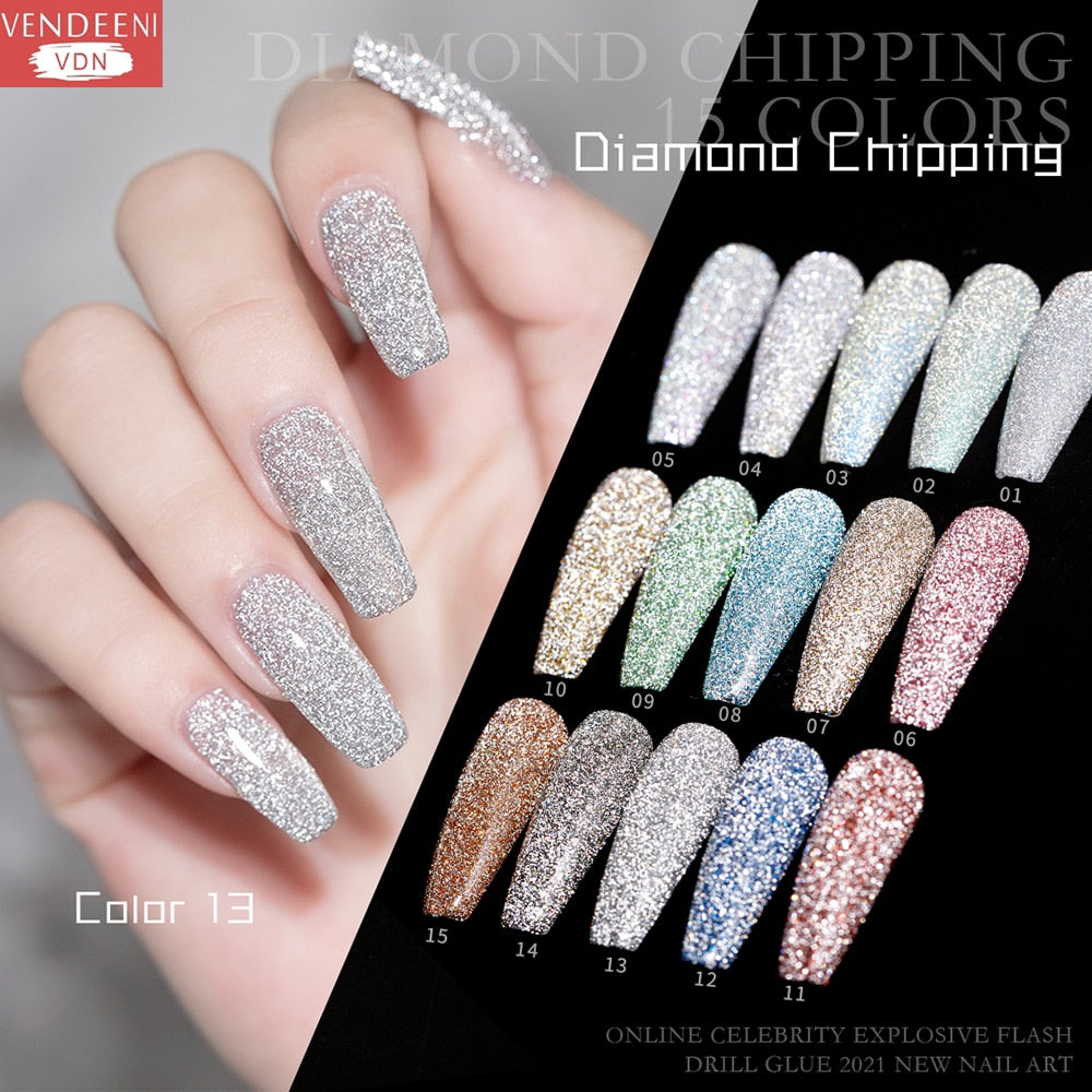 Vendeeni 15ml Glitter Chips Diamond Gel Nail Polish Sparkling Laser Nail Art Gel Varnish UV LED Soak Off Gel Lacquer 15 Colors