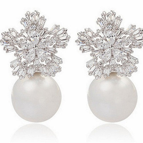 Imitation Pearl Earrings Women Fashion Snowflake Crystal Earrings Charm Zircon Jewelry Cute Earrings Best Choice for Couple Gift