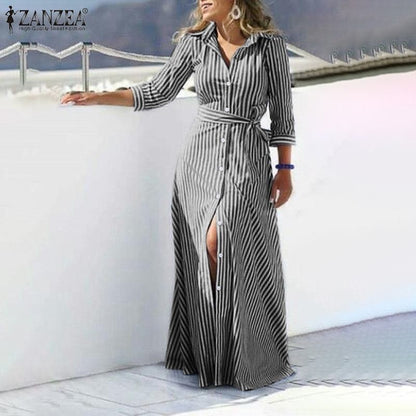 Fashion Women Autumn Long Sleeve Lapel Neck Striped Dress ZANZEA Elegant Shirt Vestidos Femme Sundress Buttons Maxi Long Dress 7