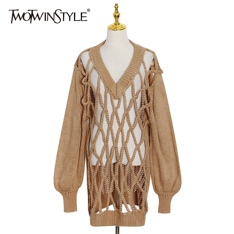 TWOTWINSTYLE Sexy White Hollow Out Knitted Tops For Women V Neck Long Sleeve Casual Oversized Sweater Female Fashion New Spring