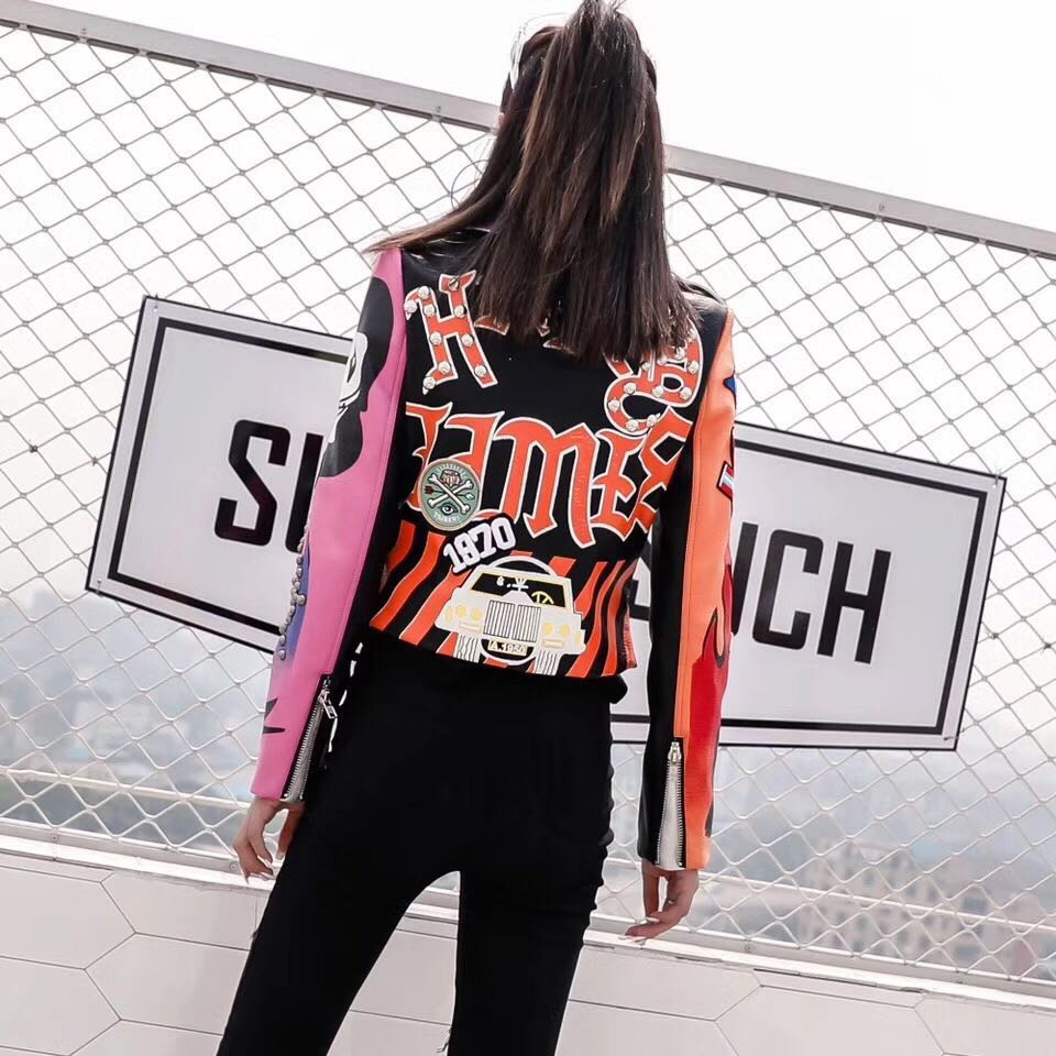 LORDLDS Cropped Leather Jackets Women Hip hop Colorful Studded Coat New Spring Ladies Motorcycle Punk Cropped Jacket with belt