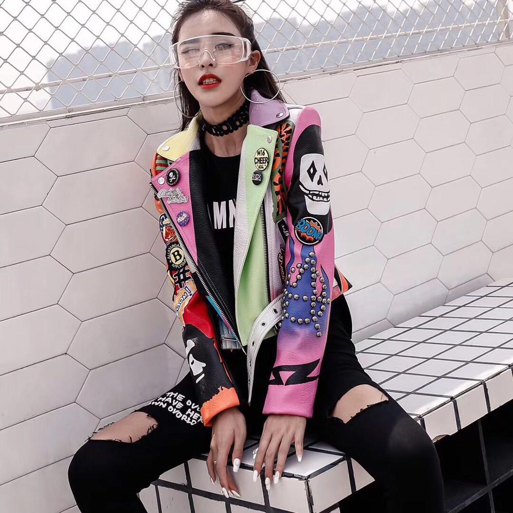 LORDLDS Cropped Leather Jackets Women Hip hop Colorful Studded Coat New Spring Ladies Motorcycle Punk Cropped Jacket with belt