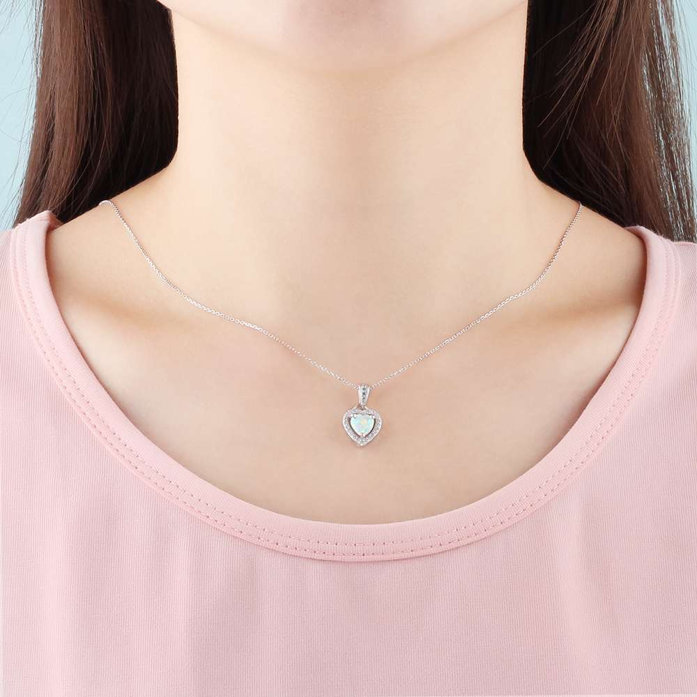 JewelOra Classic Heart Pendants &amp; Necklace Opal Stone Silver Color Necklace For Women Female Jewelry Gift