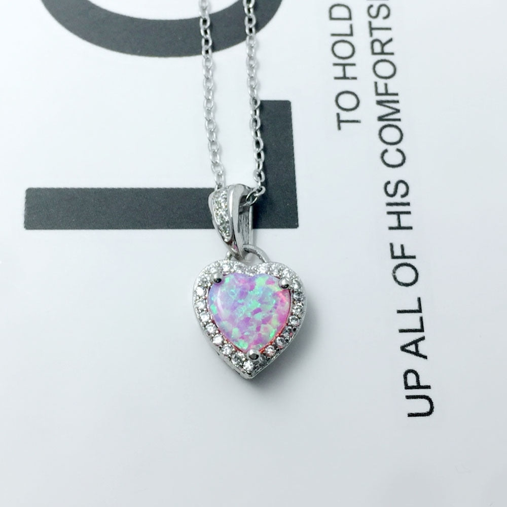 JewelOra Classic Heart Pendants &amp; Necklace Opal Stone Silver Color Necklace For Women Female Jewelry Gift