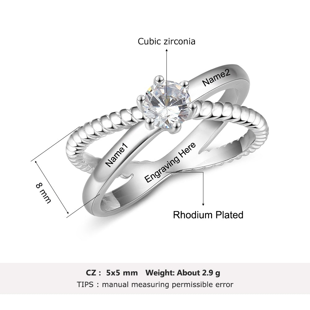 Personalized Custom Name Rings for Women X shape Crossed Engrave Wedding Engagement Ring with Zircon Jewelry (JewelOra RI103946)