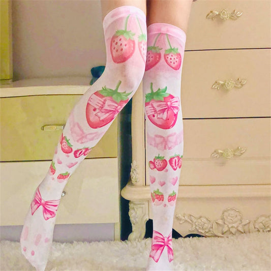 Women Sexy Thigh High Stockings Autumn 3D Printing Red Strawberry Pink Sweet Kawaii Over Knee Stocking Cosplay Quadratic Element