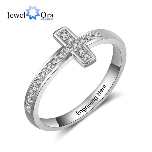 Personalized Cubic Zirconia Cross Rings for Women Customized Inner Engraved Name Ring Jewelry Gift for Girls (JewelOra RI103801)