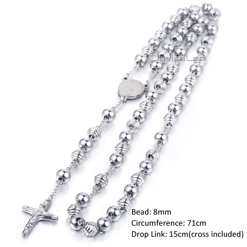 Davieslee Womens Men's Necklace Stainless Steel Chain Bead Rosary Long Necklace Jesus Christ Cross Prayer Jewelry DLKN434