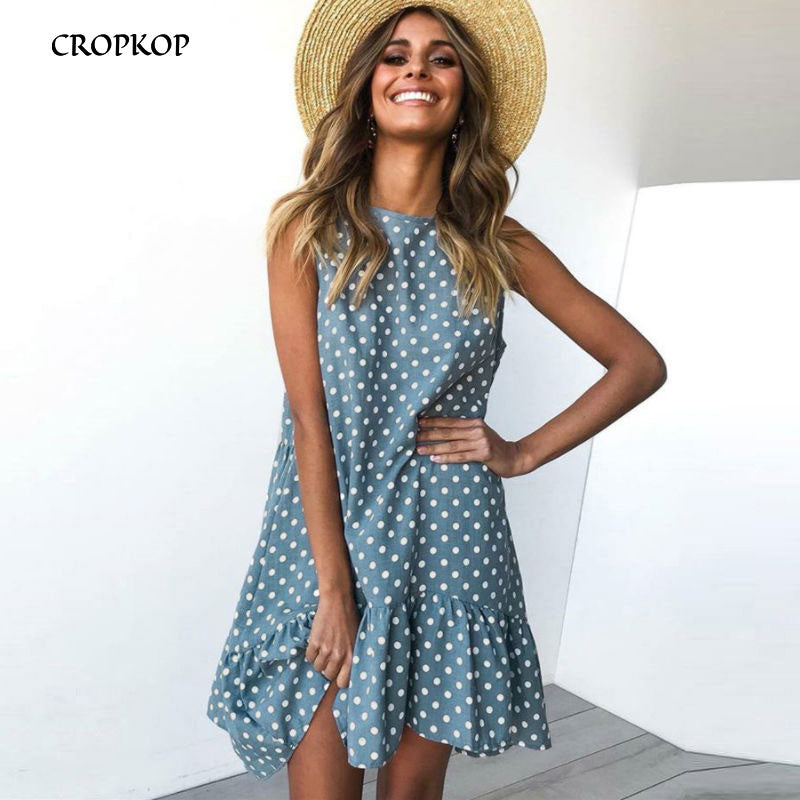 Women Summer Dress Ruffles Polka Dot Sleeveless Mini Dresses Plus Size Casual Loose Black Beach Sundress 2022 Women Clothes