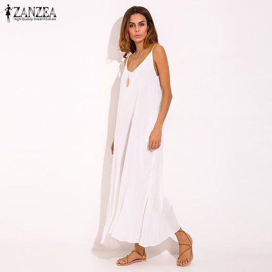 Vestidos 2022 Summer ZANZEA Women  Strapless Sexy V Neck Sleeveless Dress Casual Loose Long Maxi Solid Dress White Oversized