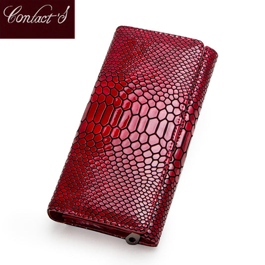 Contact&#39;s Genuine Leather Wallet Women Long Clutch Bag Hasp Female Coin Purse RFID Card Holder Wallets for Women Portfel Damski