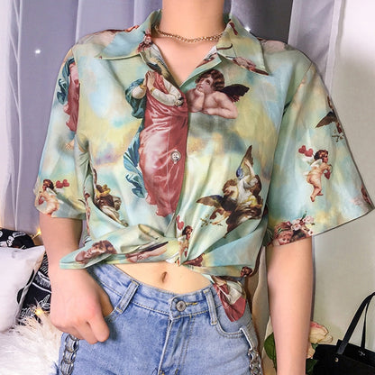 Vintage Aesthetic Cupid Angel Print Women&#39; Blouse Shirt Cardigan Short Sleeve Summer Top Graphic Blouse Women Clothes 2021 New