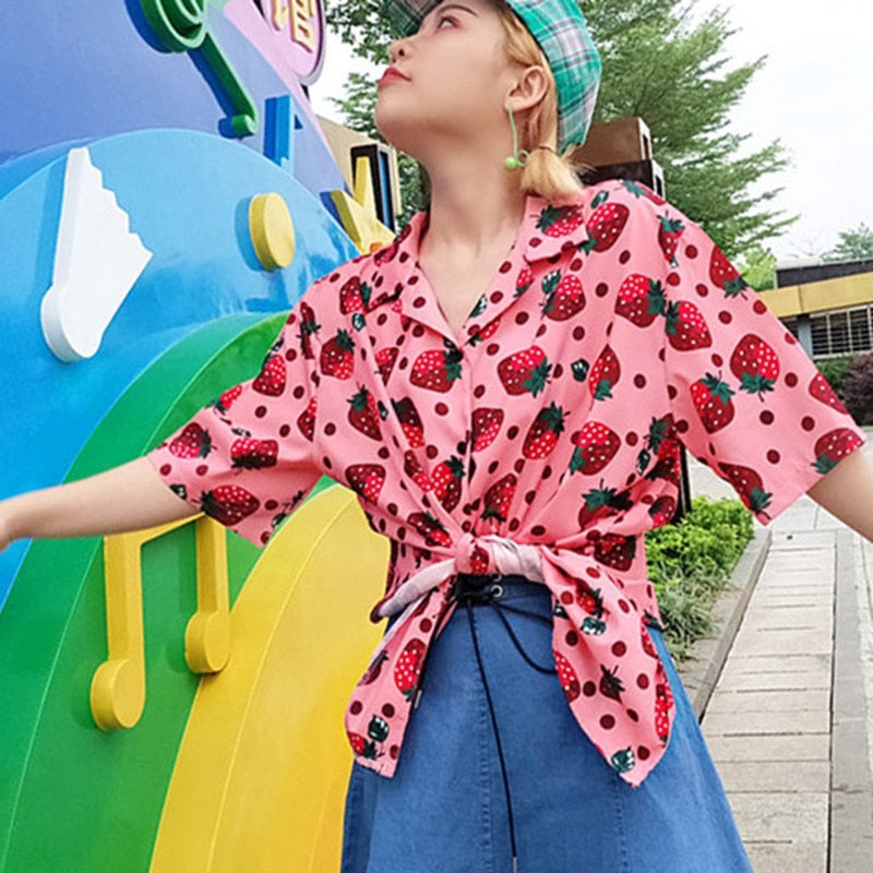New Women Blouses Holiday Casual Short Sleeve Tops Ladies Strawberry Printed Shirt Korean Summer Fashion Women Clothing