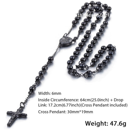 Davieslee Womens Men's Necklace Stainless Steel Chain Bead Rosary Long Necklace Jesus Christ Cross Prayer Jewelry DLKN434