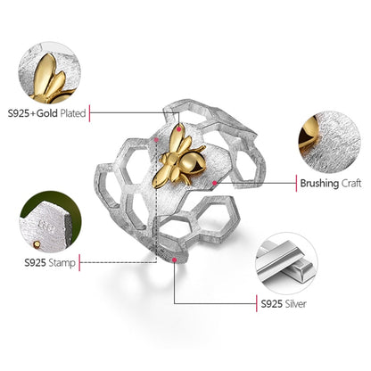 Lotus Fun Real 925 Sterling Silver 18K Gold Bee Rings Natural Designer Fine Jewelry Home Guard Honeycomb Open Ring for Women