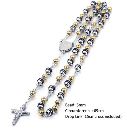 Davieslee Womens Men's Necklace Stainless Steel Chain Bead Rosary Long Necklace Jesus Christ Cross Prayer Jewelry DLKN434