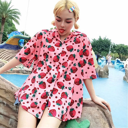 New Women Blouses Holiday Casual Short Sleeve Tops Ladies Strawberry Printed Shirt Korean Summer Fashion Women Clothing