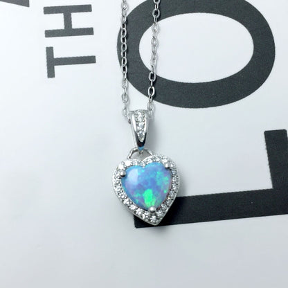 JewelOra Classic Heart Pendants &amp; Necklace Opal Stone Silver Color Necklace For Women Female Jewelry Gift