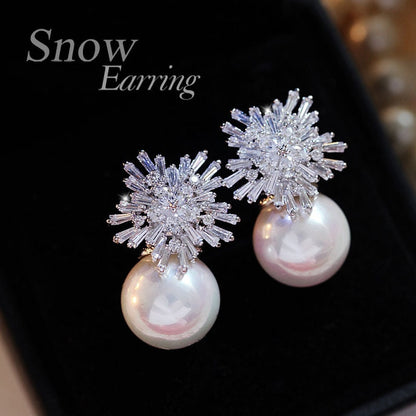 Imitation Pearl Earrings Women Fashion Snowflake Crystal Earrings Charm Zircon Jewelry Cute Earrings Best Choice for Couple Gift