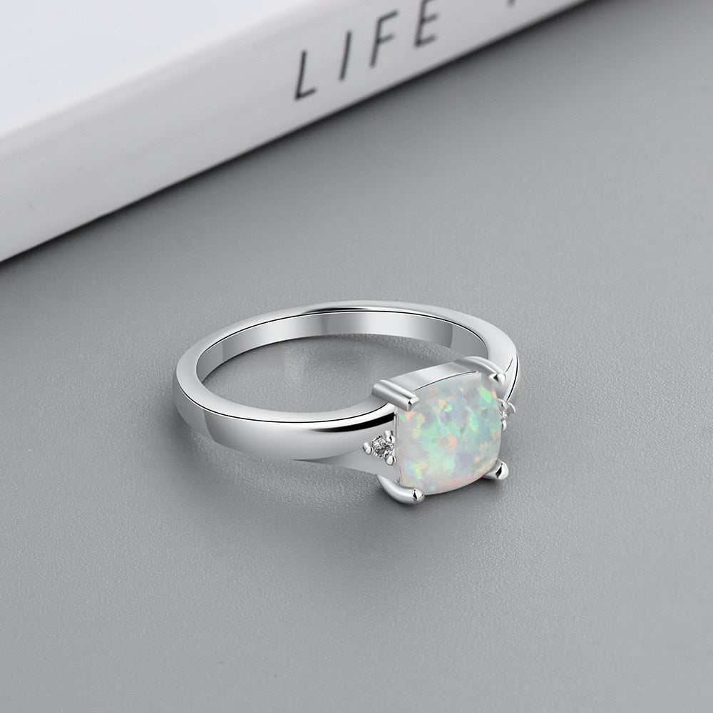 Luxury Square White Opal Rings Cubic Zirconia Silver Color Finger Rings for Women Fashion Jewelry (Lam Hub Fong)